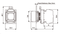 Dimensional Drawing for S2PRS Series 22/25 Millimeter (mm) Diameter Square Push Button Switch